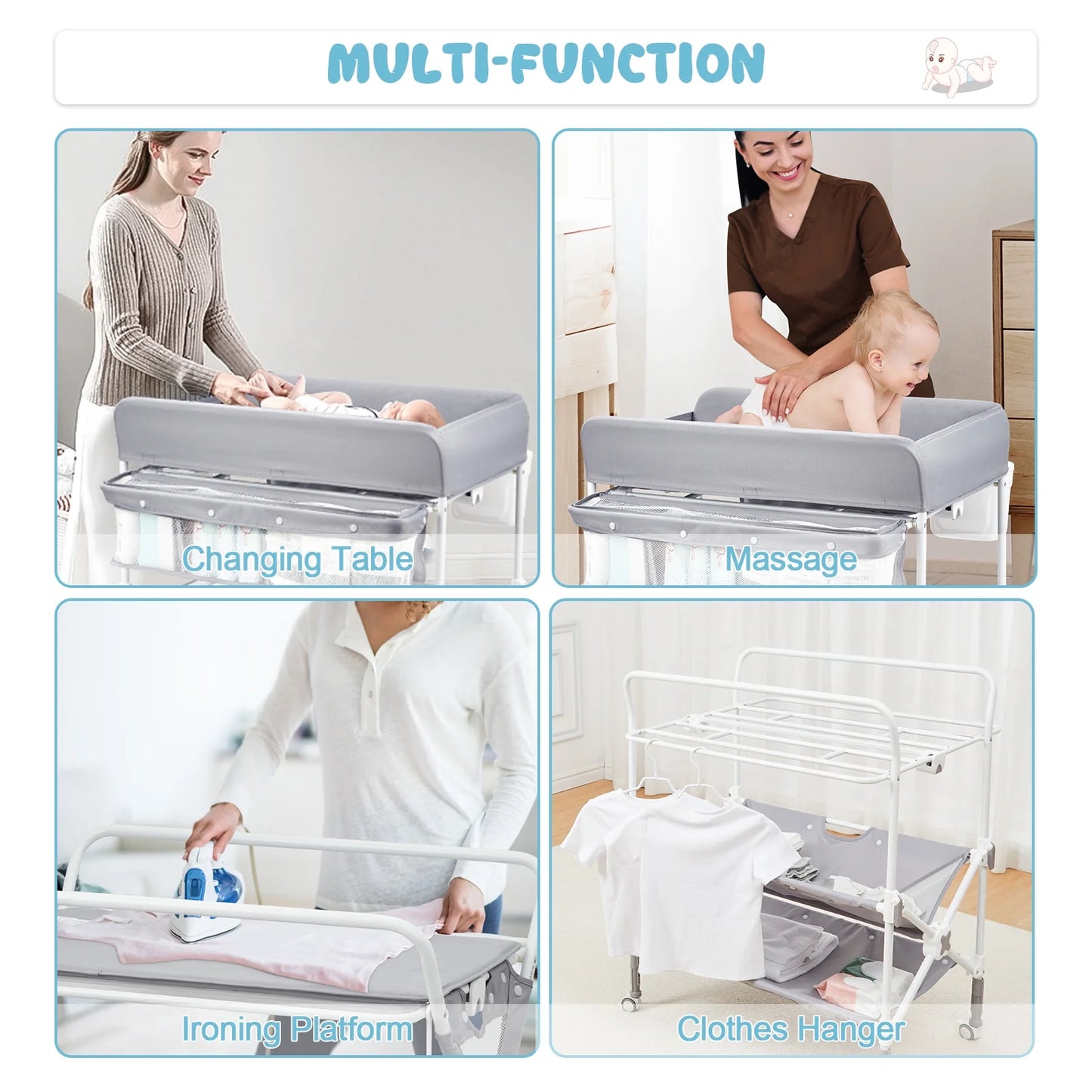 Foldable Baby Changing Table with Ajustable Height, Portable Changing Station with Lockable Wheels & Storage Space for Infant Newborn Nursery, Grey