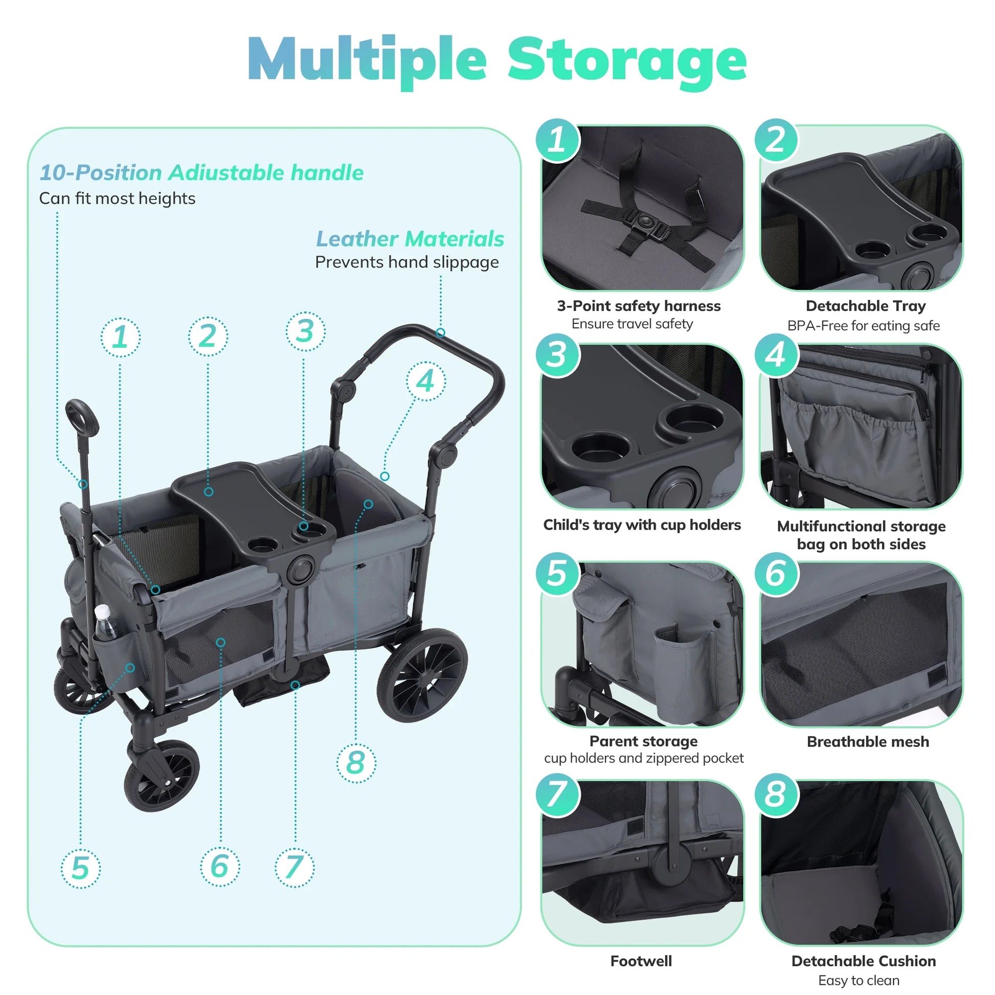 Baby Stroller Wagon for 2 Kids with Breathable Canopy,Parent Organizer,Removable Seat,2 Cup Holders,Gray