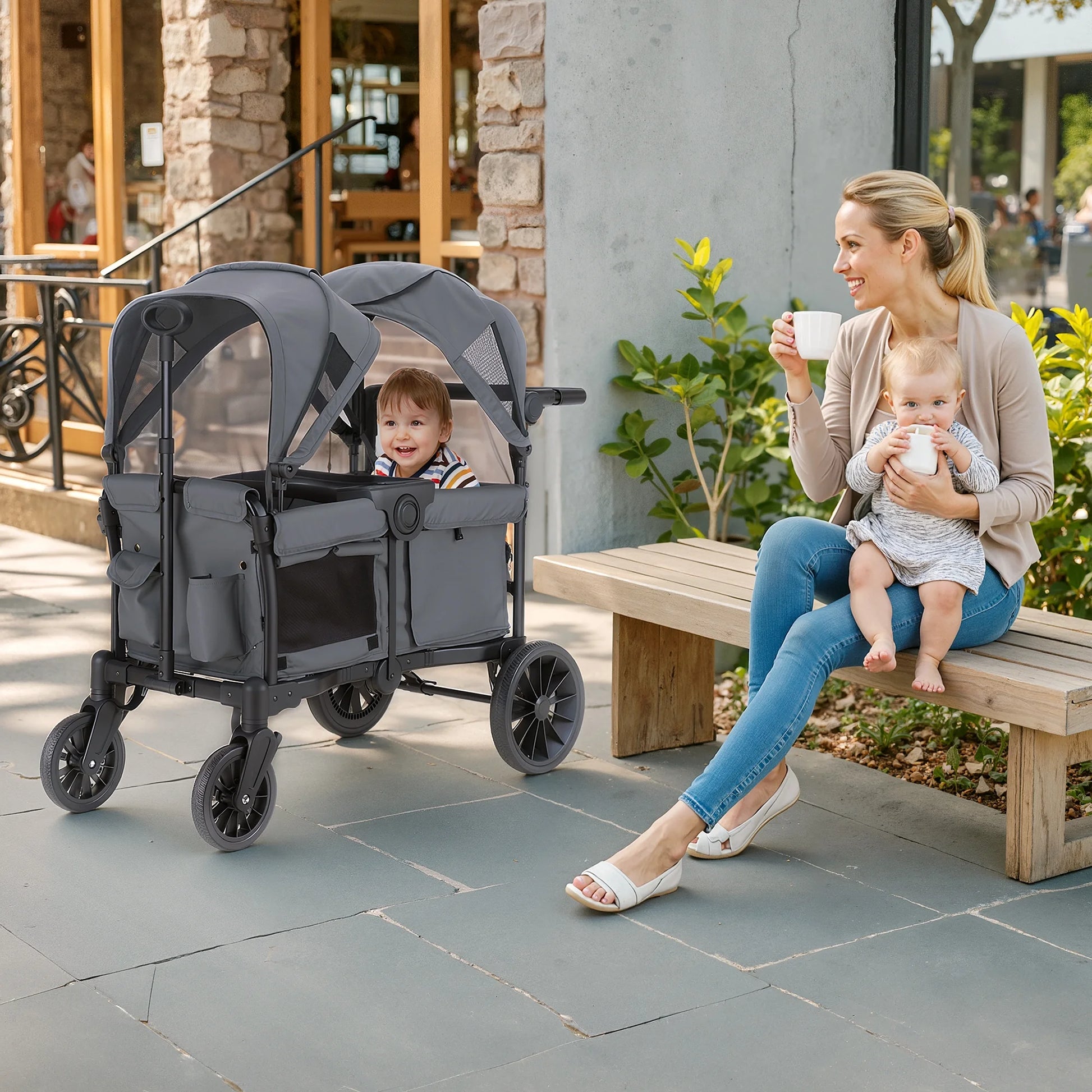 Baby Stroller Wagon for 2 Kids with Breathable Canopy,Parent Organizer,Removable Seat,2 Cup Holders,Gray