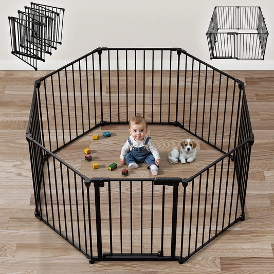 Baby Gates,  8Panel 198" Extra Wide 30" Tall Baby Gates Fireplace Fence Toddler Playard, Black