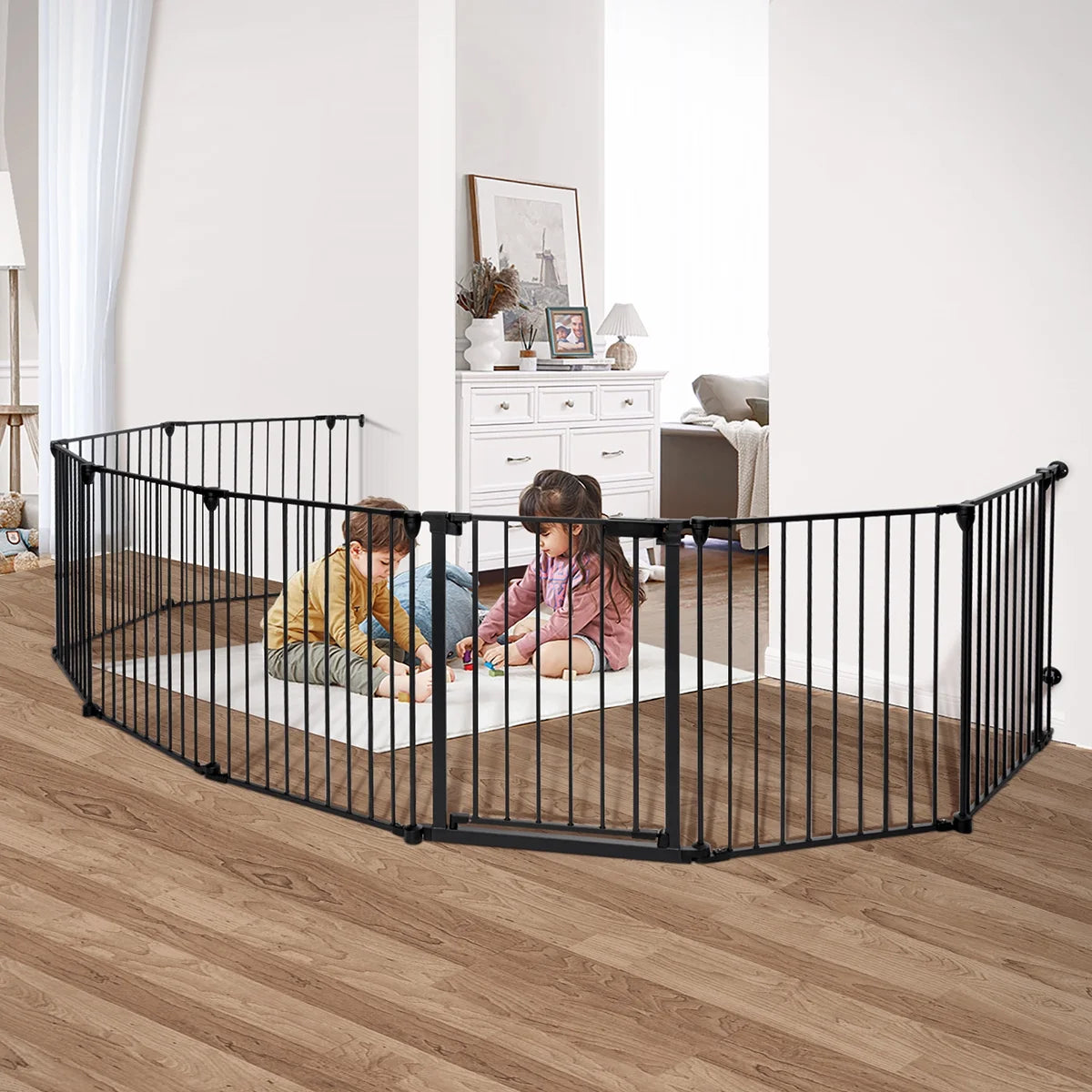 Baby Gates,  8Panel 198" Extra Wide 30" Tall Baby Gates Fireplace Fence Toddler Playard, Black