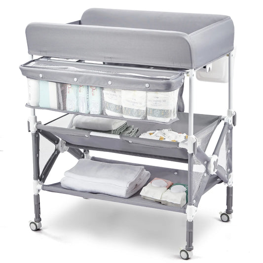 Foldable Baby Changing Table with Ajustable Height, Portable Changing Station with Lockable Wheels & Storage Space for Infant Newborn Nursery, Grey