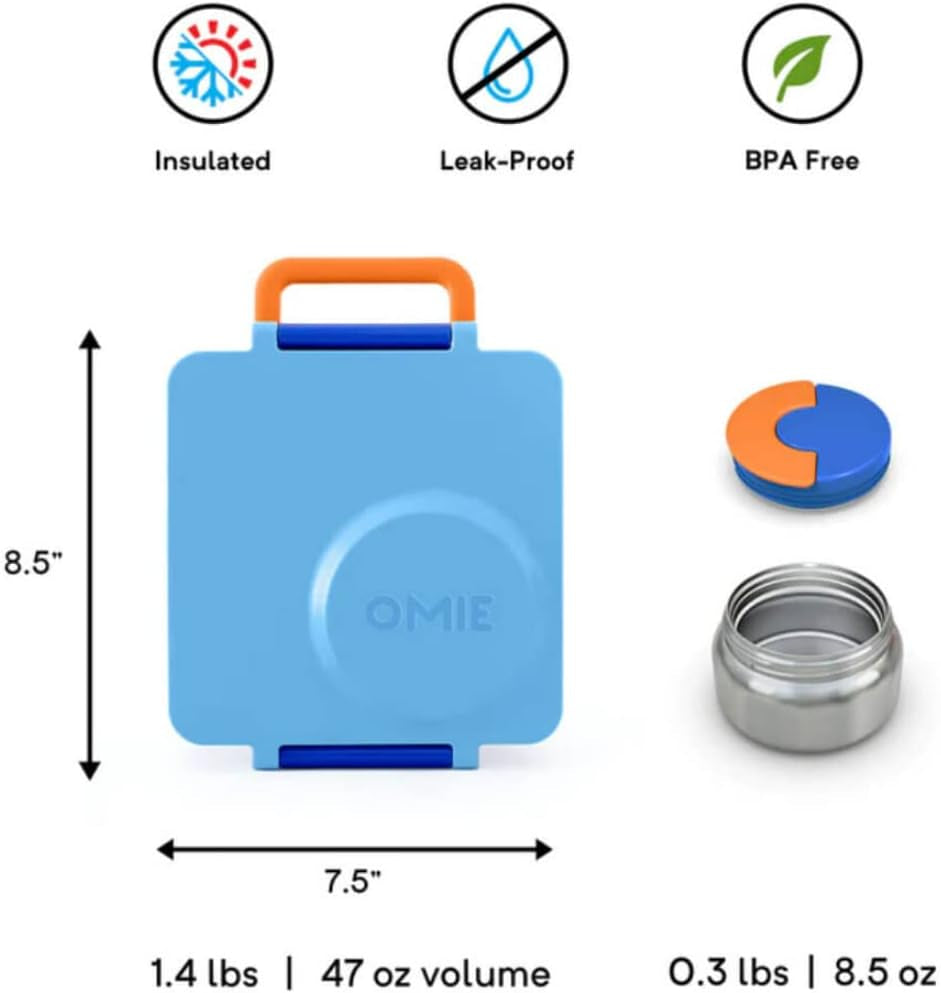 box Bento Box for Kids - Insulated Lunch Box with Leak Proof Thermos Food Jar - 3 Compartments, 2 Temperature Zones (Blue Sky)