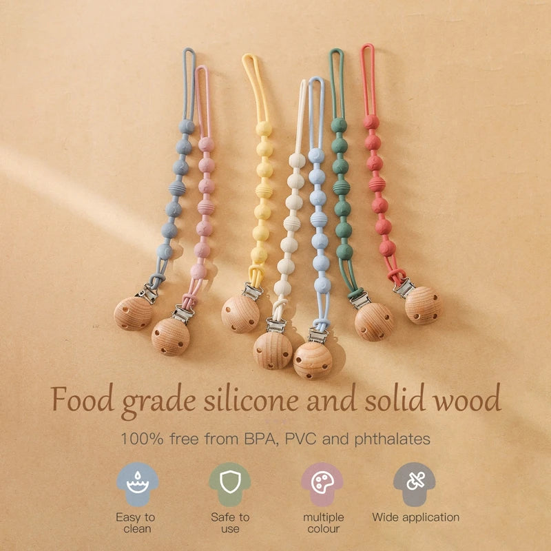 Beech Wood Chew Bead Pacifier Clips Dummy Chain Holder Newborn Soother Chains Nipple Holder for Babies Teething Toy Baby Chew