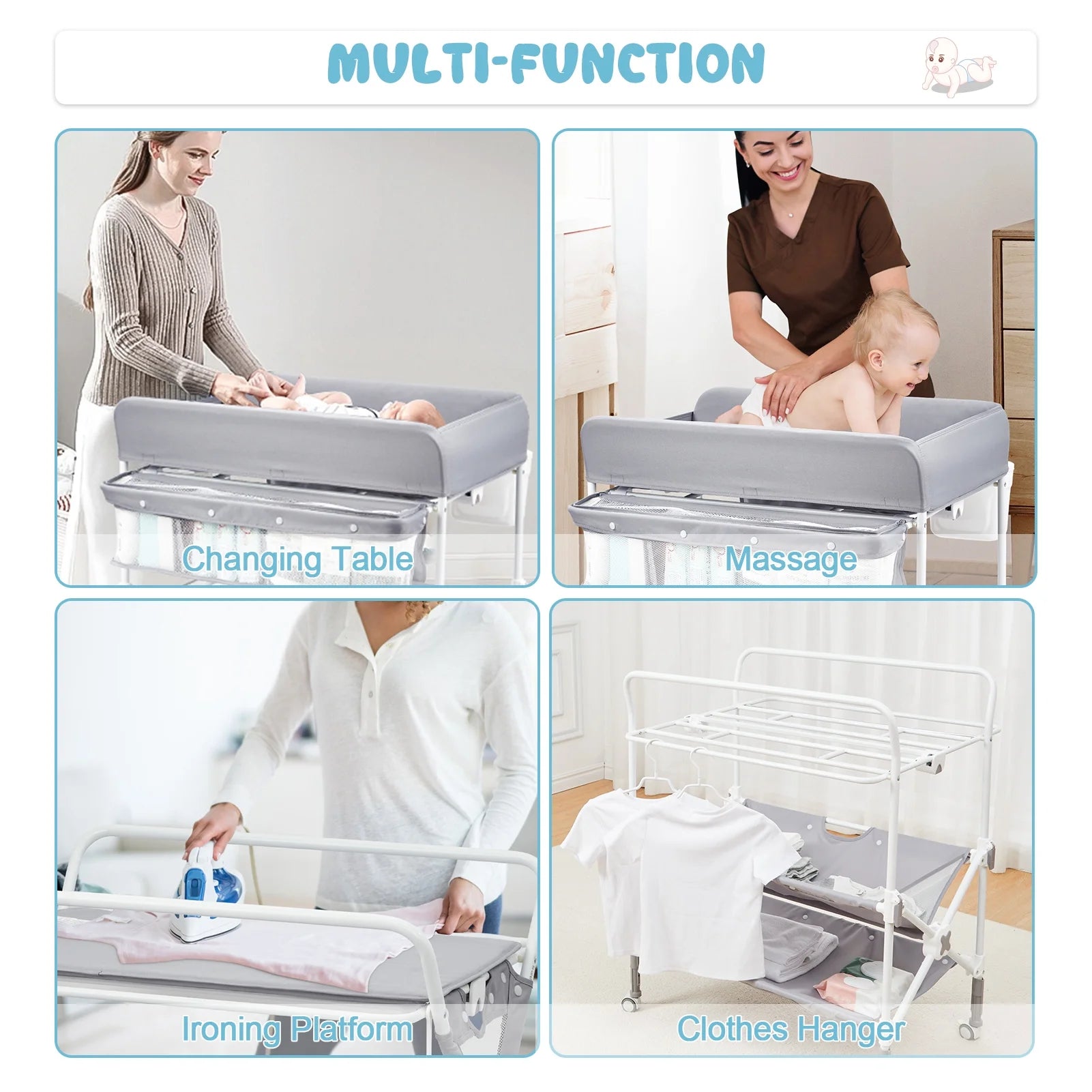 Foldable Baby Changing Table with Ajustable Height, Portable Changing Station with Lockable Wheels & Storage Space for Infant Newborn Nursery, Grey
