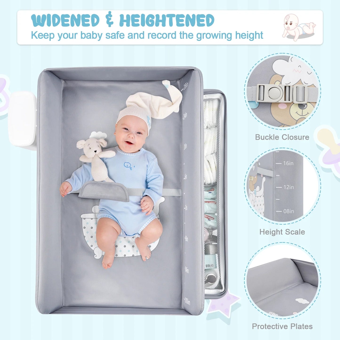 Foldable Baby Changing Table with Ajustable Height, Portable Changing Station with Lockable Wheels & Storage Space for Infant Newborn Nursery, Grey