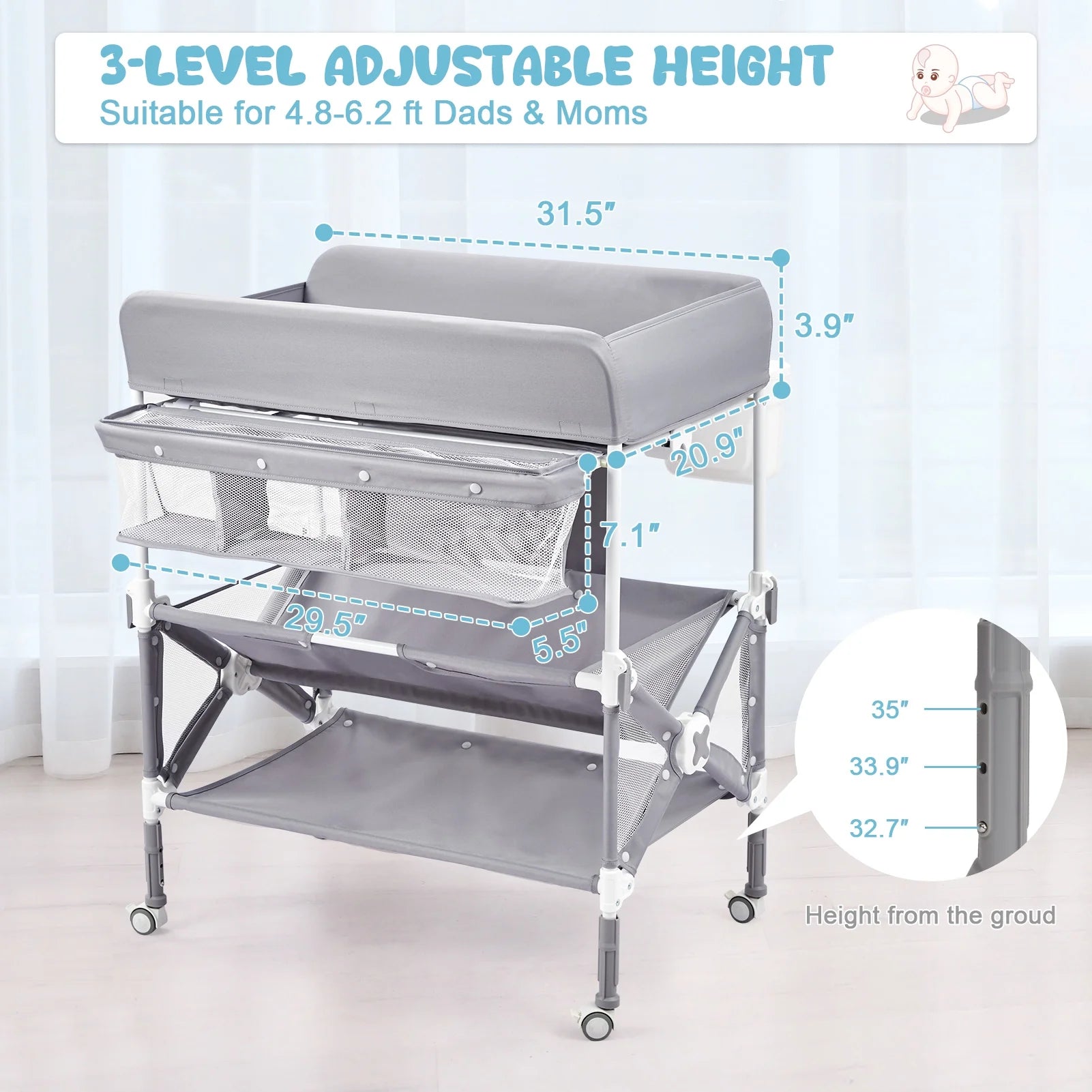 Foldable Baby Changing Table with Ajustable Height, Portable Changing Station with Lockable Wheels & Storage Space for Infant Newborn Nursery, Grey