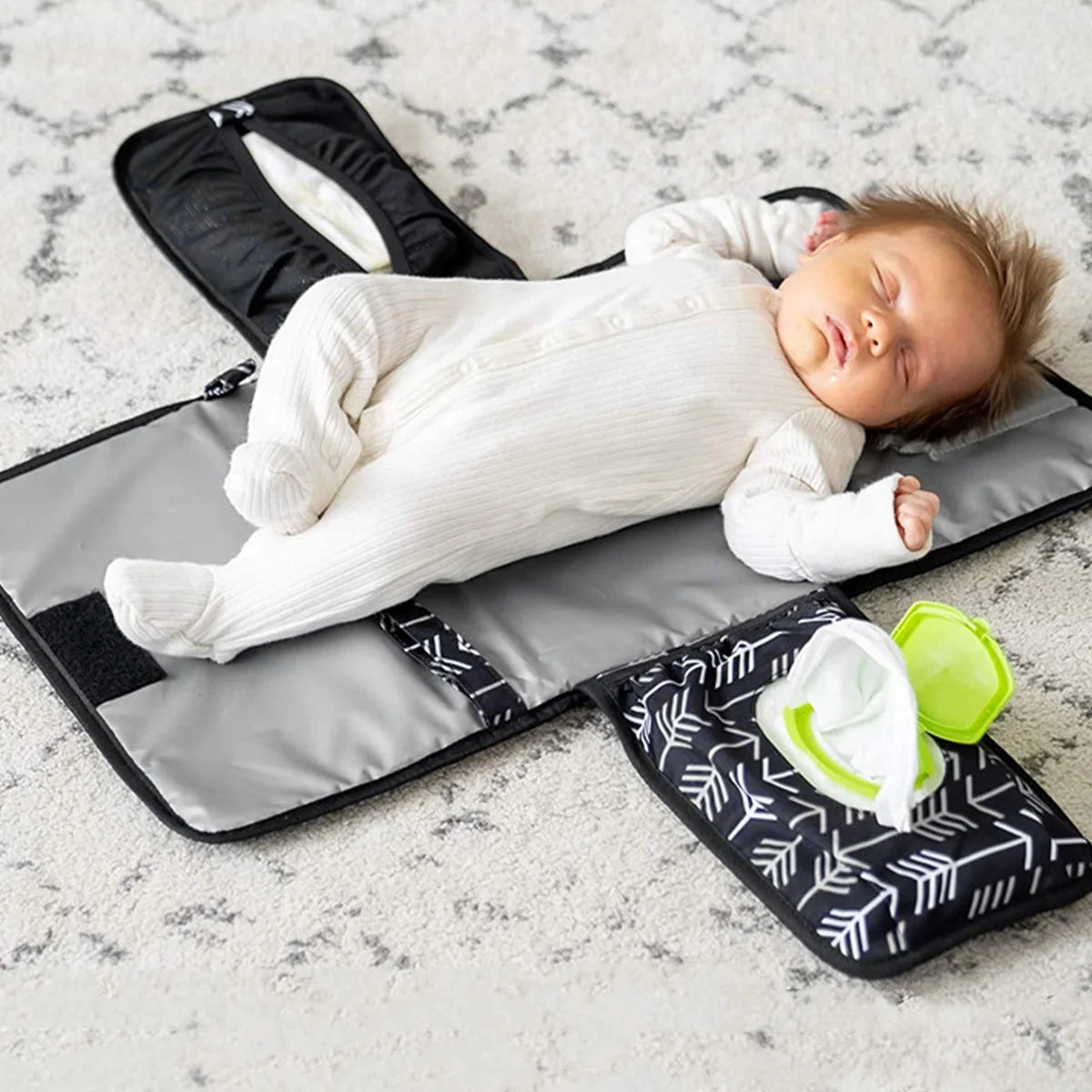 Baby Nappy Changing Mat Waterproof Newborn Diaper Changing Pad with Head Cushion Portable Foldable Infant Nappy Changing Pad with Storage Pockets for Home Travel Outside