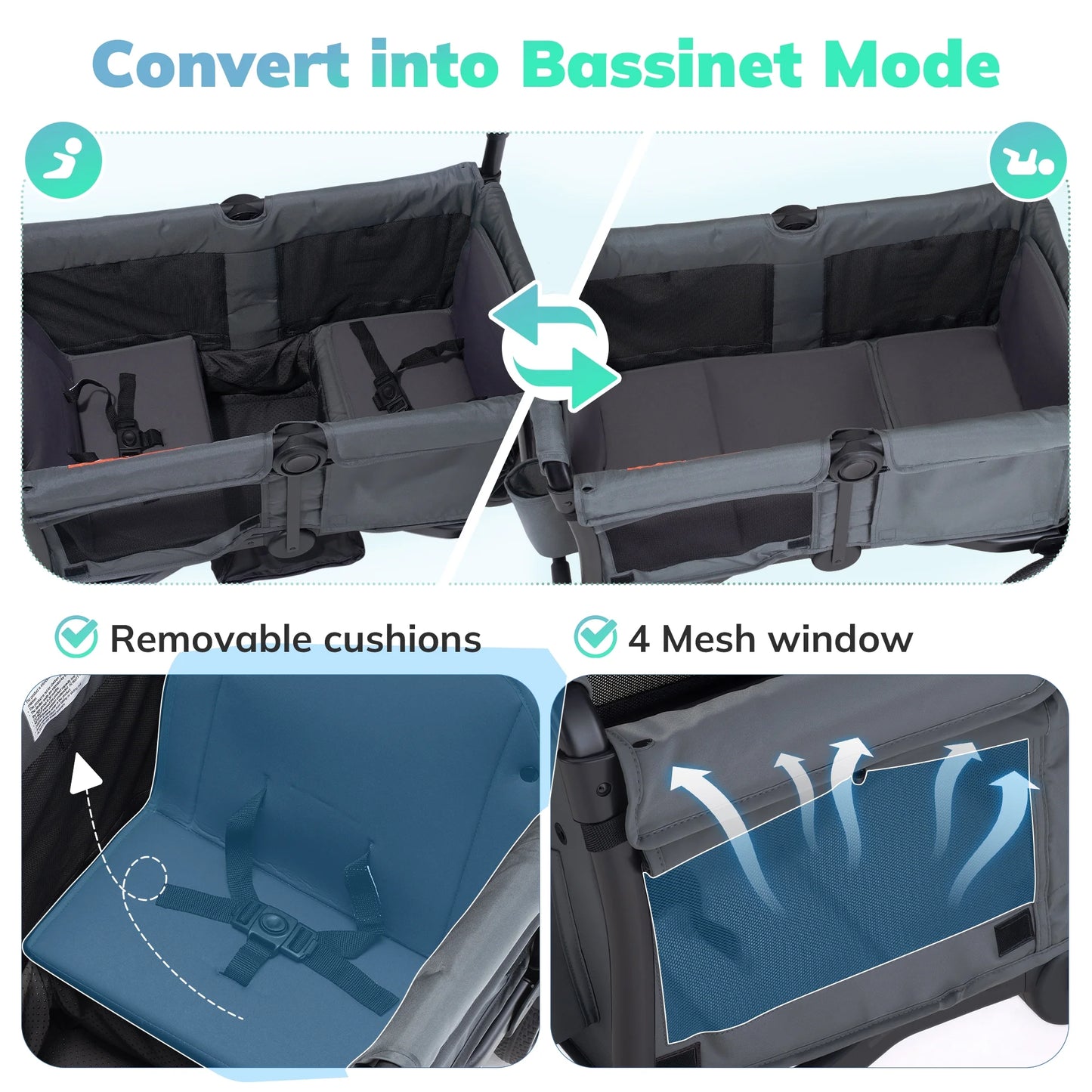 Baby Stroller Wagon for 2 Kids with Breathable Canopy,Parent Organizer,Removable Seat,2 Cup Holders,Gray