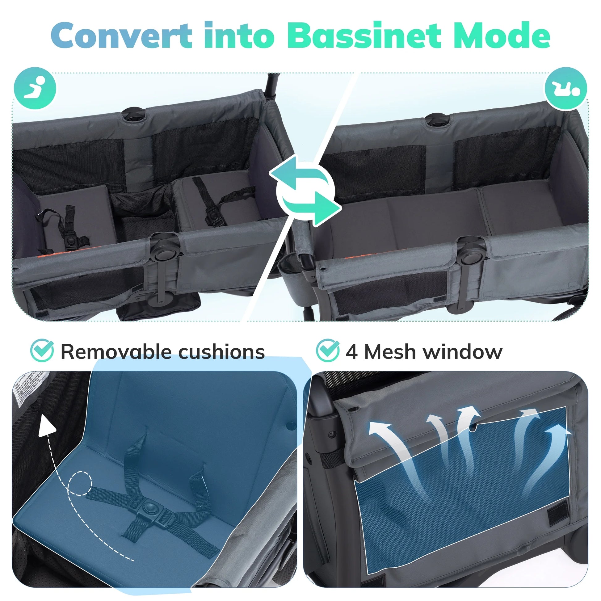 Baby Stroller Wagon for 2 Kids with Breathable Canopy,Parent Organizer,Removable Seat,2 Cup Holders,Gray