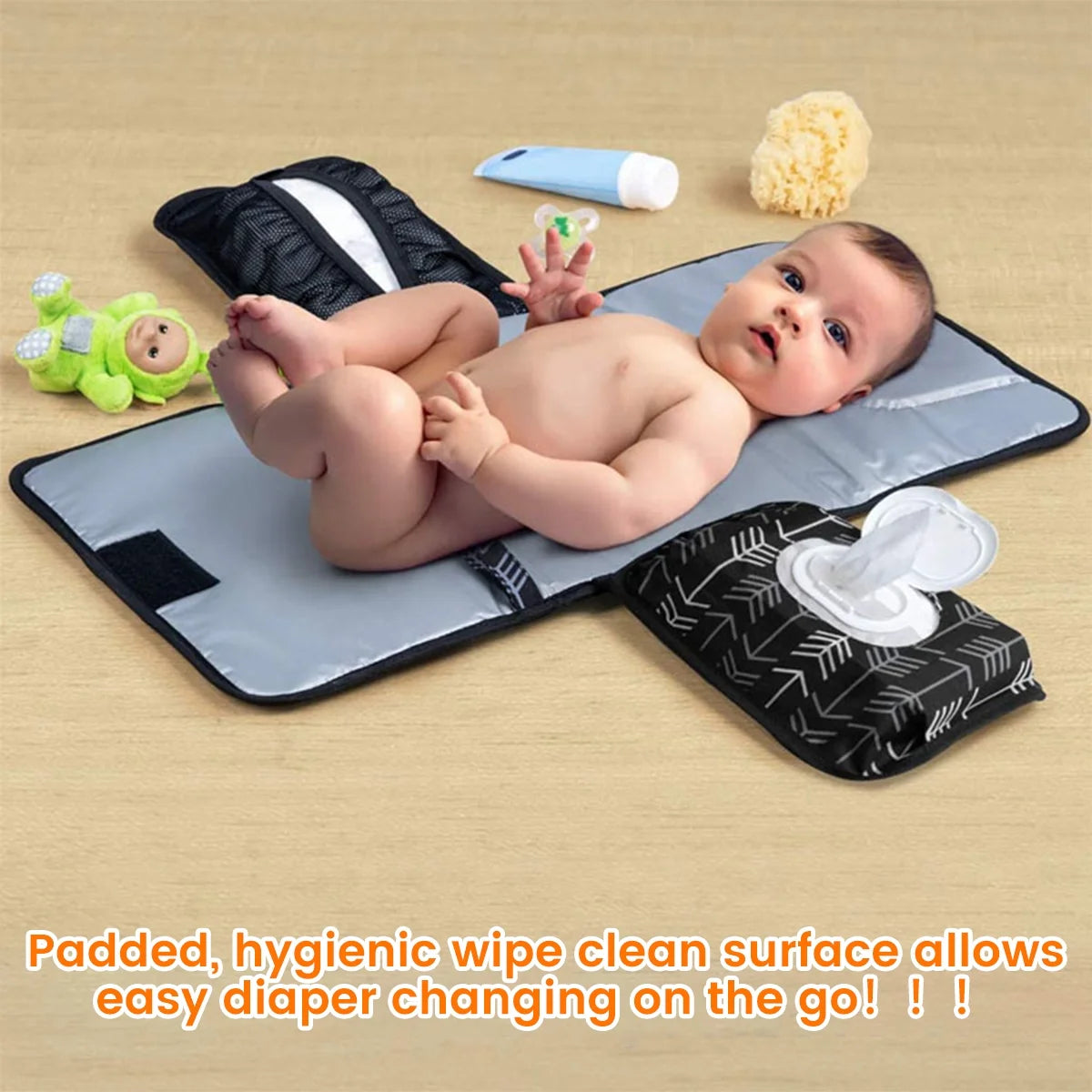 Baby Nappy Changing Mat Waterproof Newborn Diaper Changing Pad with Head Cushion Portable Foldable Infant Nappy Changing Pad with Storage Pockets for Home Travel Outside