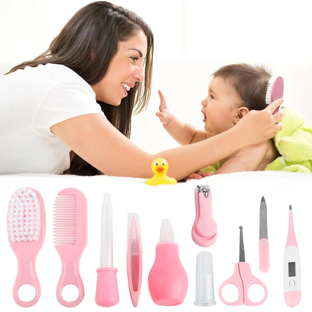 Baby Healthcare and Grooming Kit, Baby Safety Set Baby Comb, Brush, Finger Toothbrush, Nail Clippers, Scissors, Nasal Aspirator, Baby Essentials Nursery Care Kit (Pink)