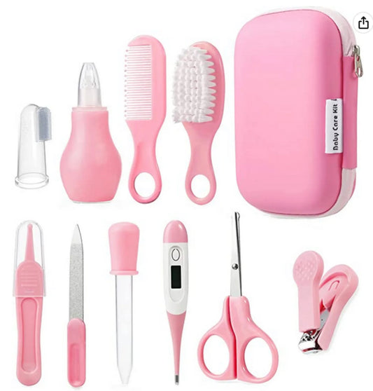Baby Healthcare and Grooming Kit, Baby Safety Set Baby Comb, Brush, Finger Toothbrush, Nail Clippers, Scissors, Nasal Aspirator, Baby Essentials Nursery Care Kit (Pink)