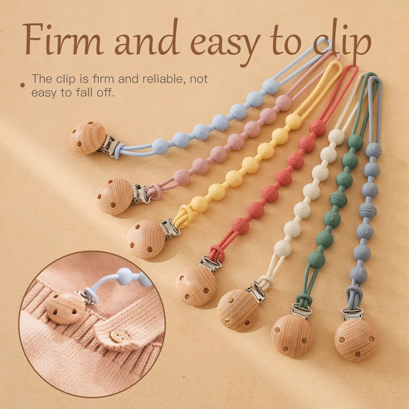 Beech Wood Chew Bead Pacifier Clips Dummy Chain Holder Newborn Soother Chains Nipple Holder for Babies Teething Toy Baby Chew