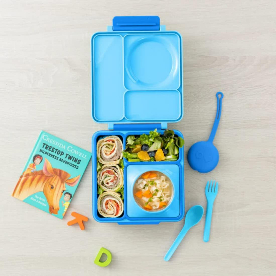 box Bento Box for Kids - Insulated Lunch Box with Leak Proof Thermos Food Jar - 3 Compartments, 2 Temperature Zones (Blue Sky)