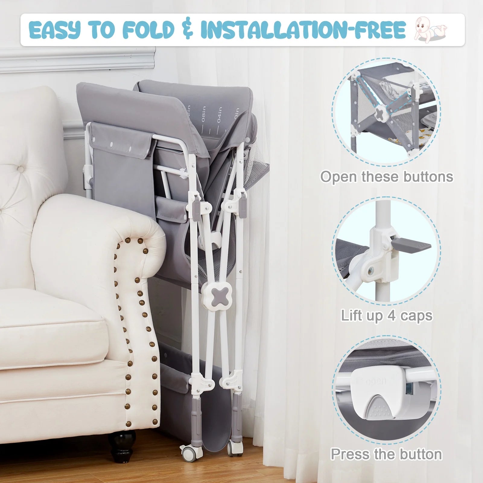 Foldable Baby Changing Table with Ajustable Height, Portable Changing Station with Lockable Wheels & Storage Space for Infant Newborn Nursery, Grey