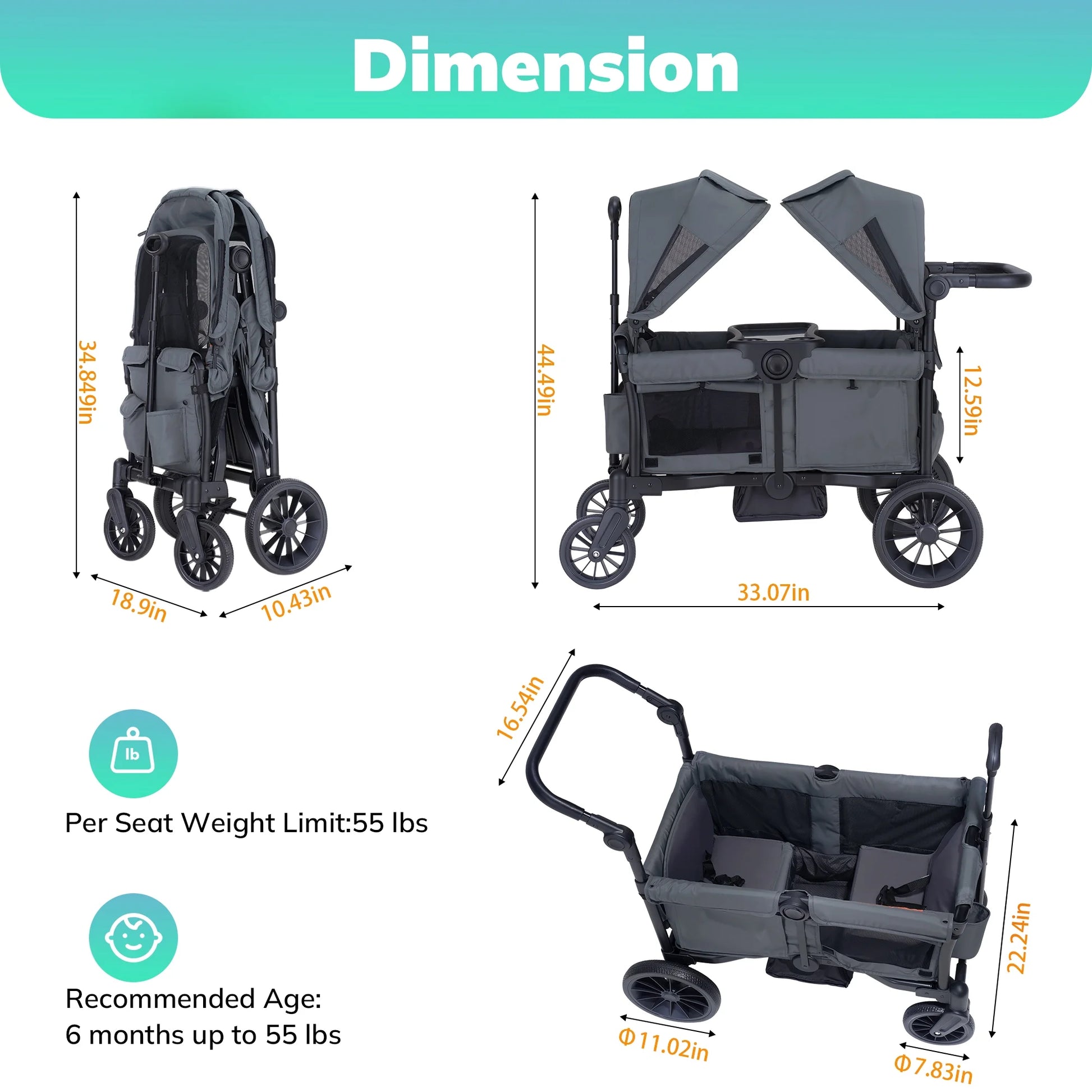 Baby Stroller Wagon for 2 Kids with Breathable Canopy,Parent Organizer,Removable Seat,2 Cup Holders,Gray