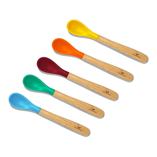 Bamboo & Silicone Infant Training Spoons, BPA Free - Soft Tip, Easy on Gums, First Stage Feeding Utensils for Baby-Led Weaning, Self-Feeding, Assorted W/Blue
