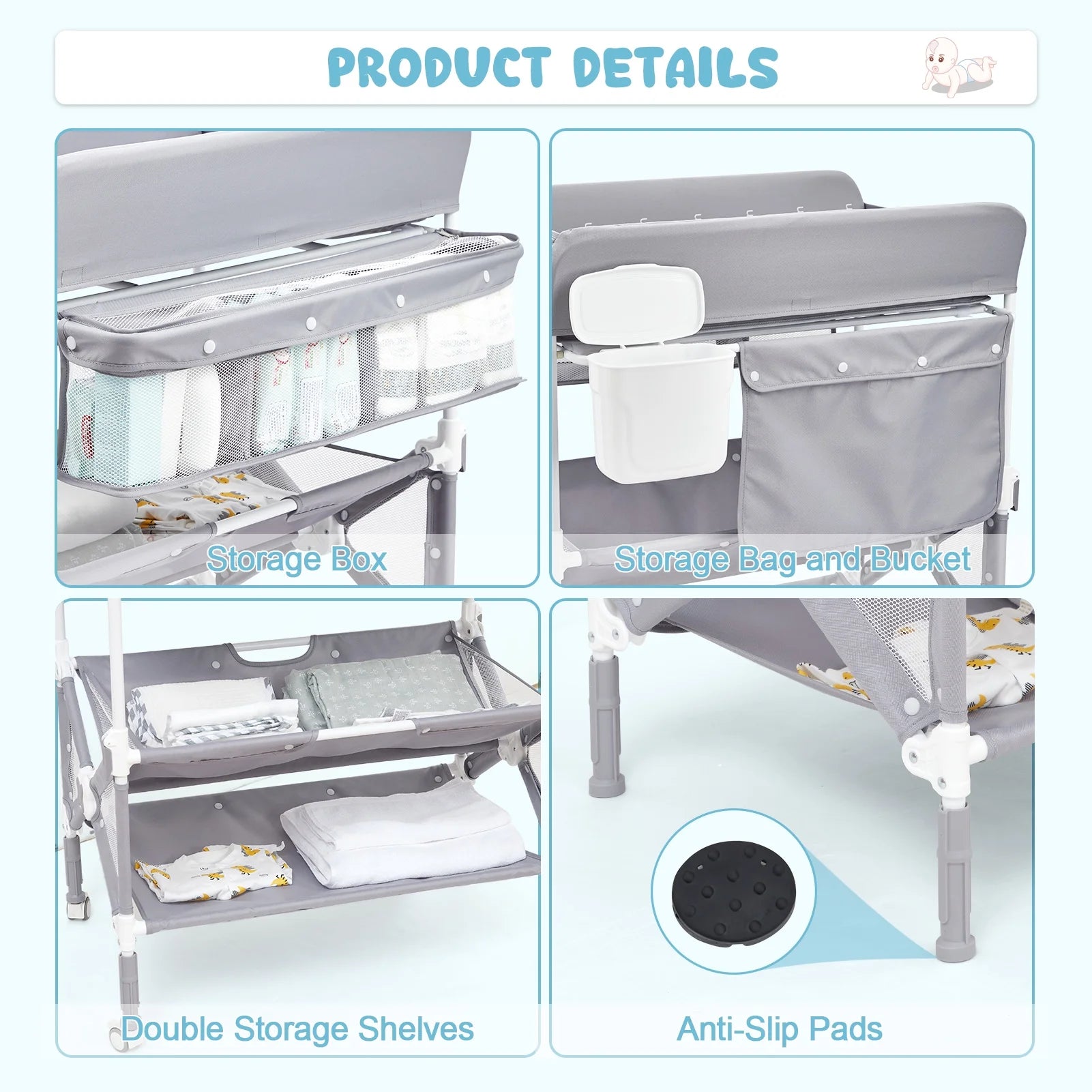 Foldable Baby Changing Table with Ajustable Height, Portable Changing Station with Lockable Wheels & Storage Space for Infant Newborn Nursery, Grey