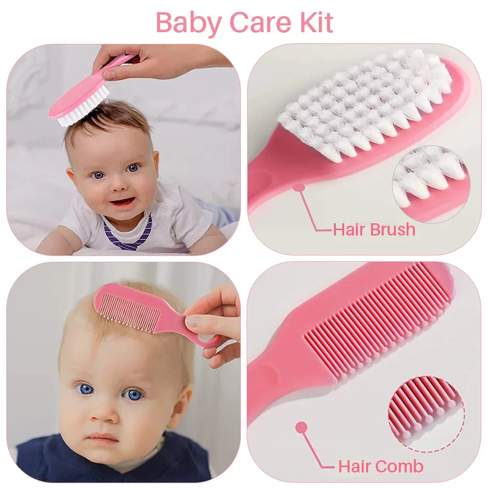 Baby Healthcare and Grooming Kit, Baby Safety Set Baby Comb, Brush, Finger Toothbrush, Nail Clippers, Scissors, Nasal Aspirator, Baby Essentials Nursery Care Kit (Pink)