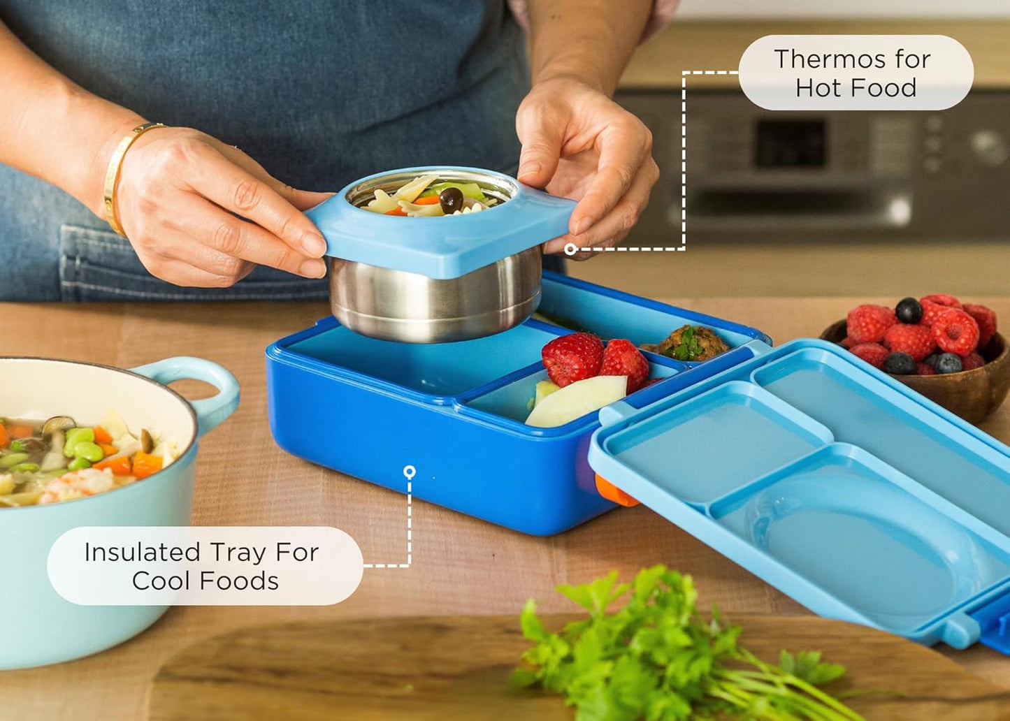 box Bento Box for Kids - Insulated Lunch Box with Leak Proof Thermos Food Jar - 3 Compartments, 2 Temperature Zones (Blue Sky)