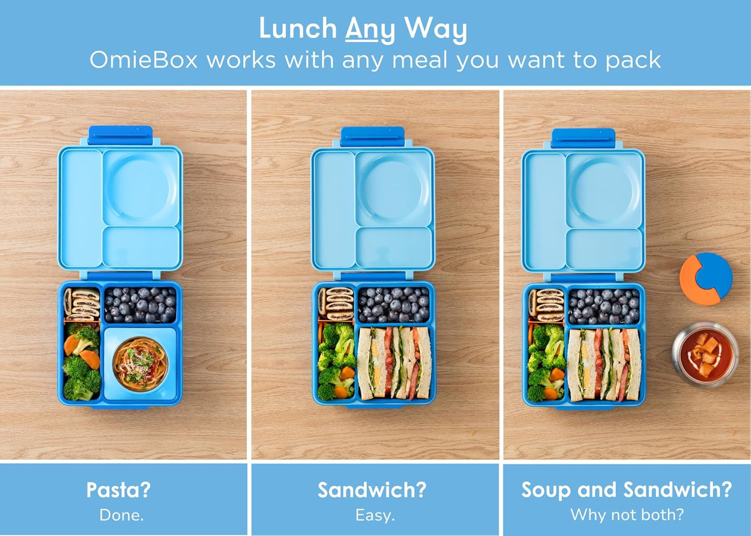 box Bento Box for Kids - Insulated Lunch Box with Leak Proof Thermos Food Jar - 3 Compartments, 2 Temperature Zones (Blue Sky)