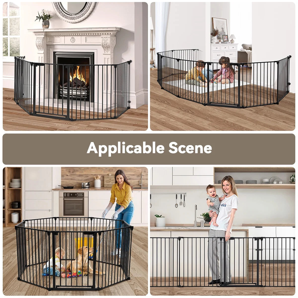 Baby Gates,  8Panel 198" Extra Wide 30" Tall Baby Gates Fireplace Fence Toddler Playard, Black