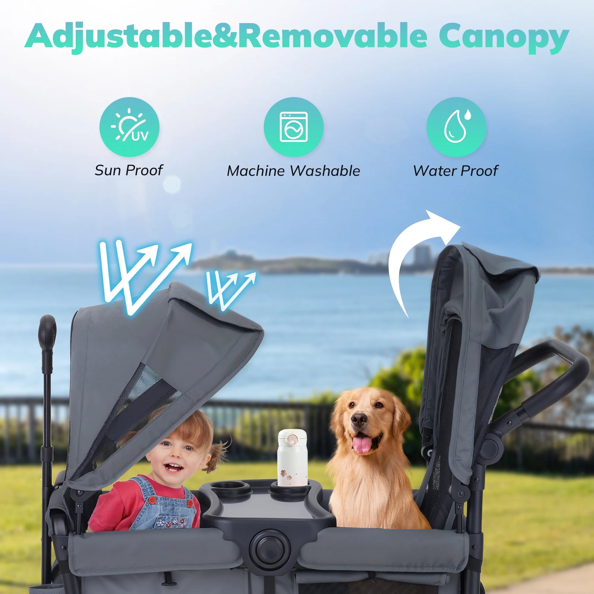 Baby Stroller Wagon for 2 Kids with Breathable Canopy,Parent Organizer,Removable Seat,2 Cup Holders,Gray