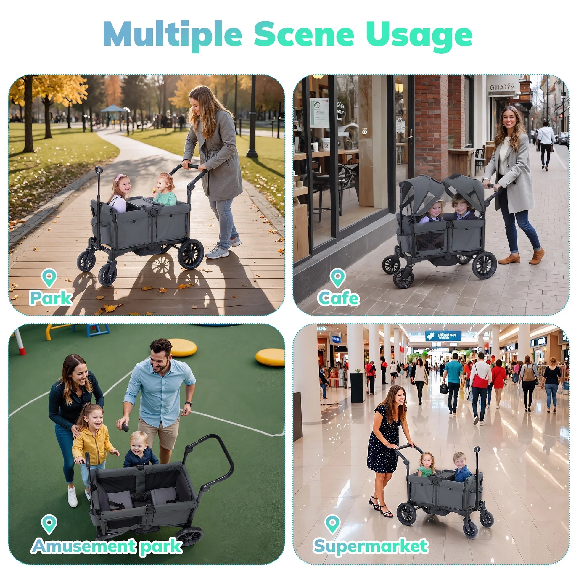 Baby Stroller Wagon for 2 Kids with Breathable Canopy,Parent Organizer,Removable Seat,2 Cup Holders,Gray