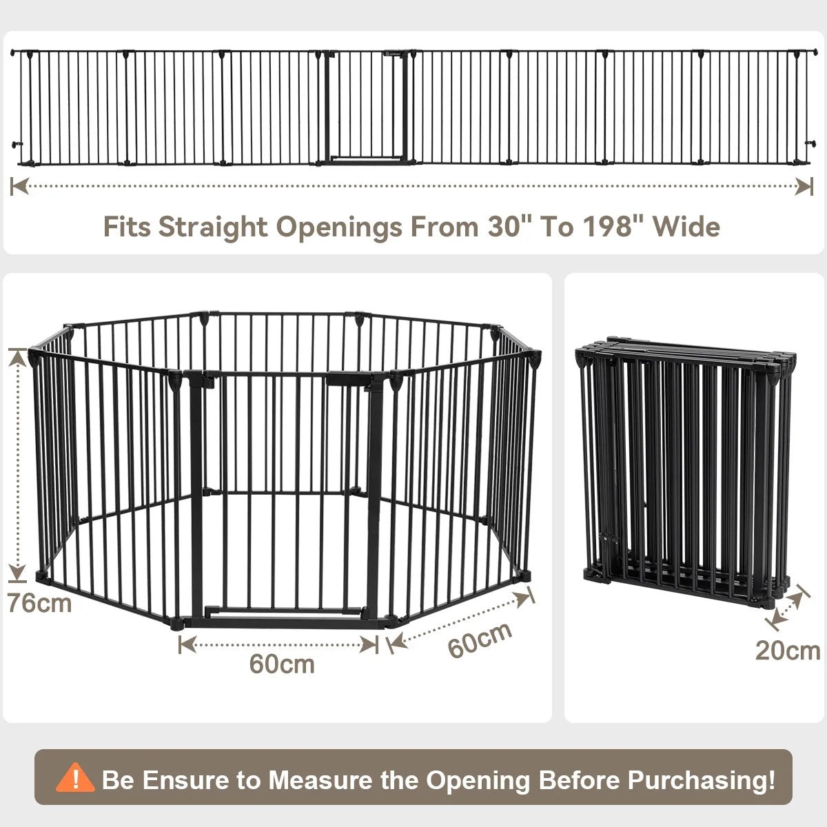 Baby Gates,  8Panel 198" Extra Wide 30" Tall Baby Gates Fireplace Fence Toddler Playard, Black