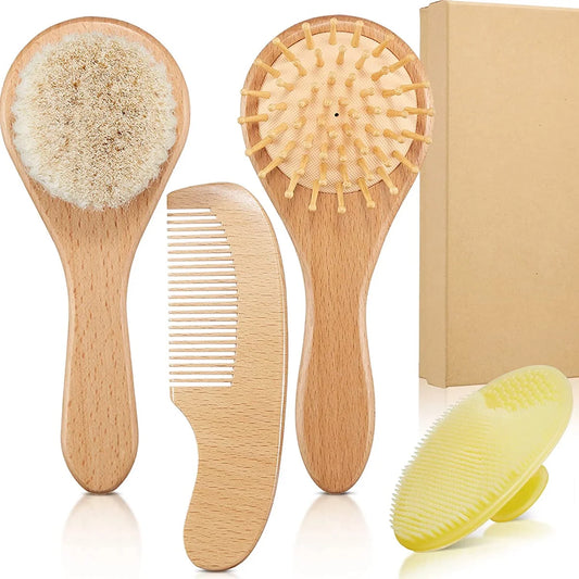 Baby Brush and Comb Set, 4Pcs Wooden, Baby Hair Brush, Cradle Cap Brush, Baby Brush Set for Newborns, Infant Hair Brush
