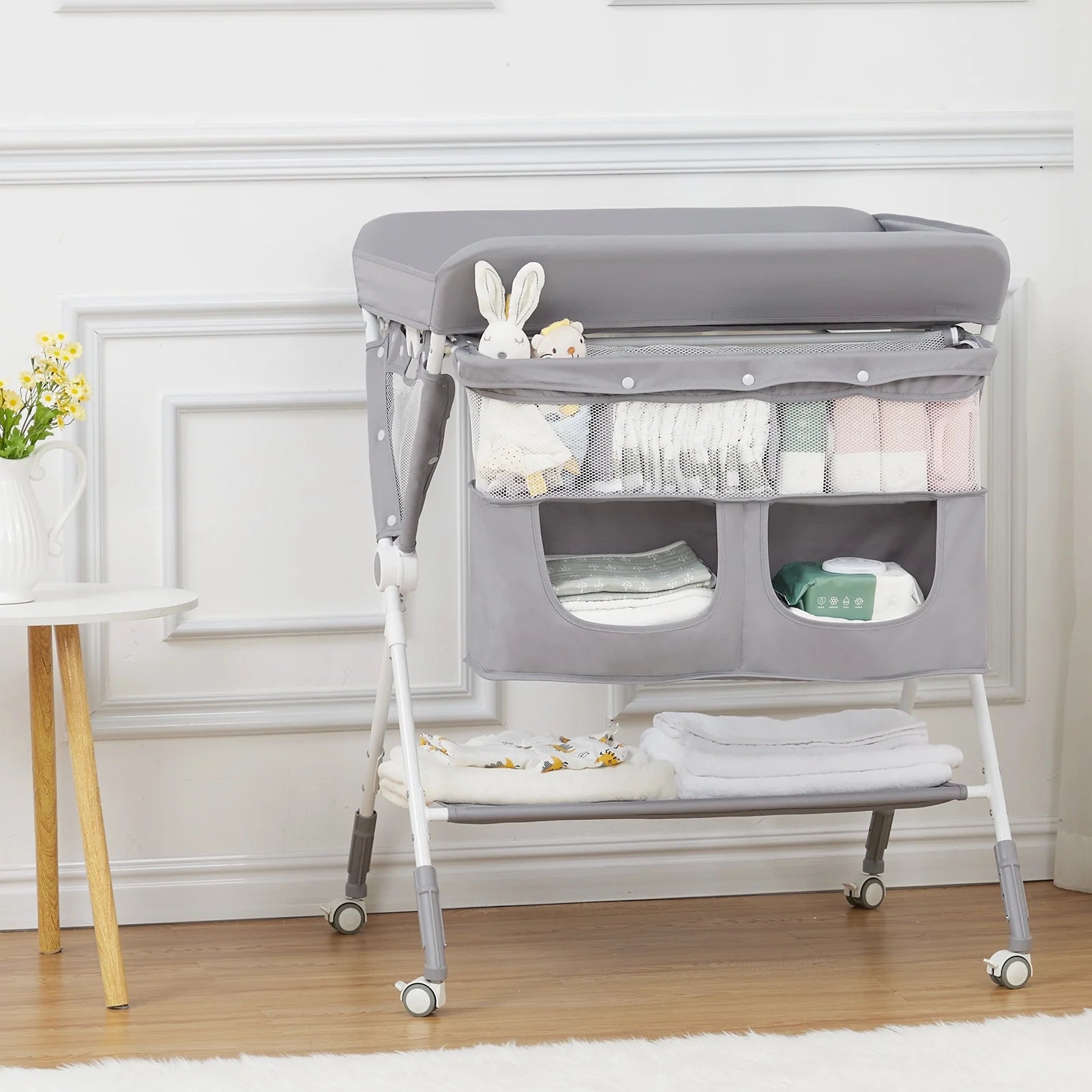 Foldable Baby Changing Table with Ajustable Height, Portable Changing Station with Lockable Wheels & Storage Space for Infant Newborn Nursery, Grey