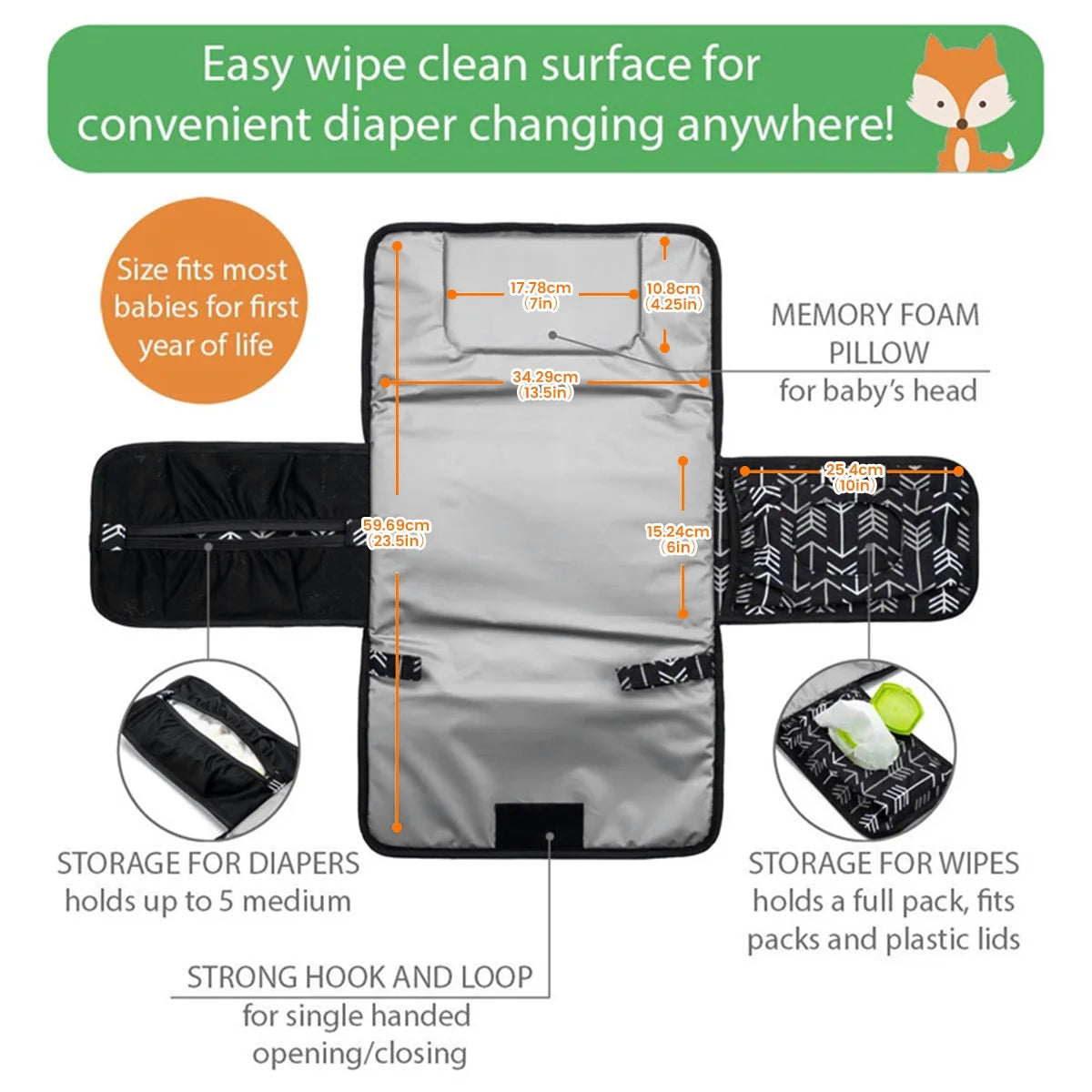 Baby Nappy Changing Mat Waterproof Newborn Diaper Changing Pad with Head Cushion Portable Foldable Infant Nappy Changing Pad with Storage Pockets for Home Travel Outside