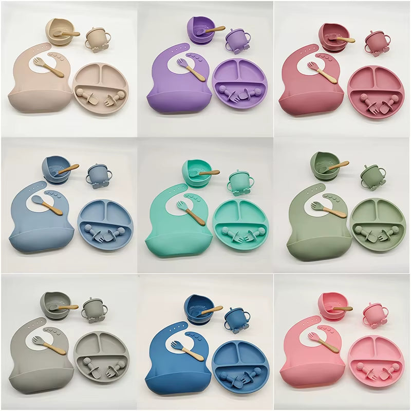 Children'S Tableware Set Baby Complementary Food Training Silicone Tableware 8Pce Set Baby Suction Cups Bowls Baby Supplies