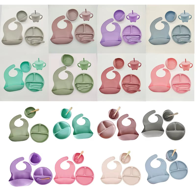 Children'S Tableware Set Baby Complementary Food Training Silicone Tableware 8Pce Set Baby Suction Cups Bowls Baby Supplies