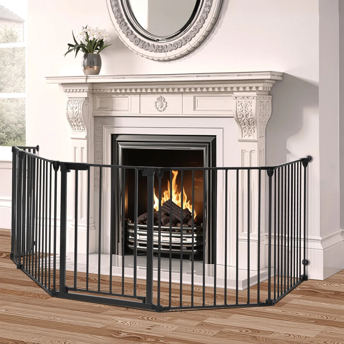 Baby Gates,  8Panel 198" Extra Wide 30" Tall Baby Gates Fireplace Fence Toddler Playard, Black