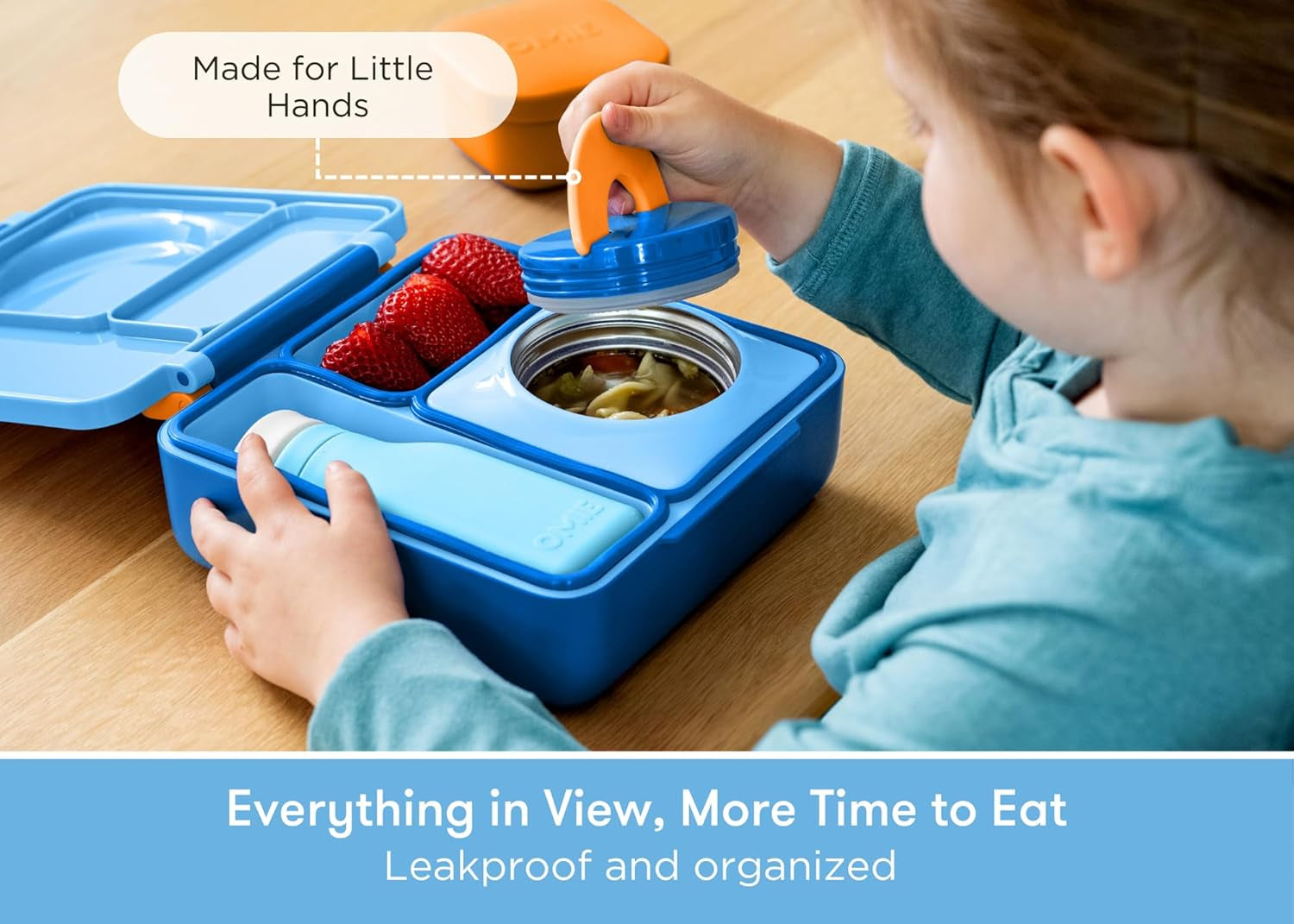 box Bento Box for Kids - Insulated Lunch Box with Leak Proof Thermos Food Jar - 3 Compartments, 2 Temperature Zones (Blue Sky)